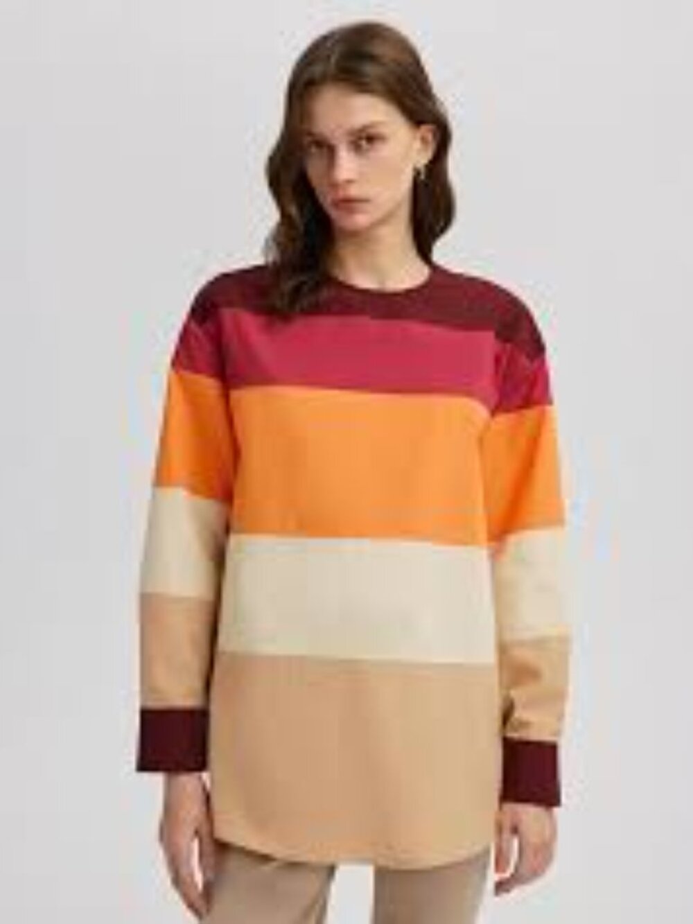 Touche Colorblock Long Sleeve Top in Burgundy, Fuchsia, Orange, Cream Size Med